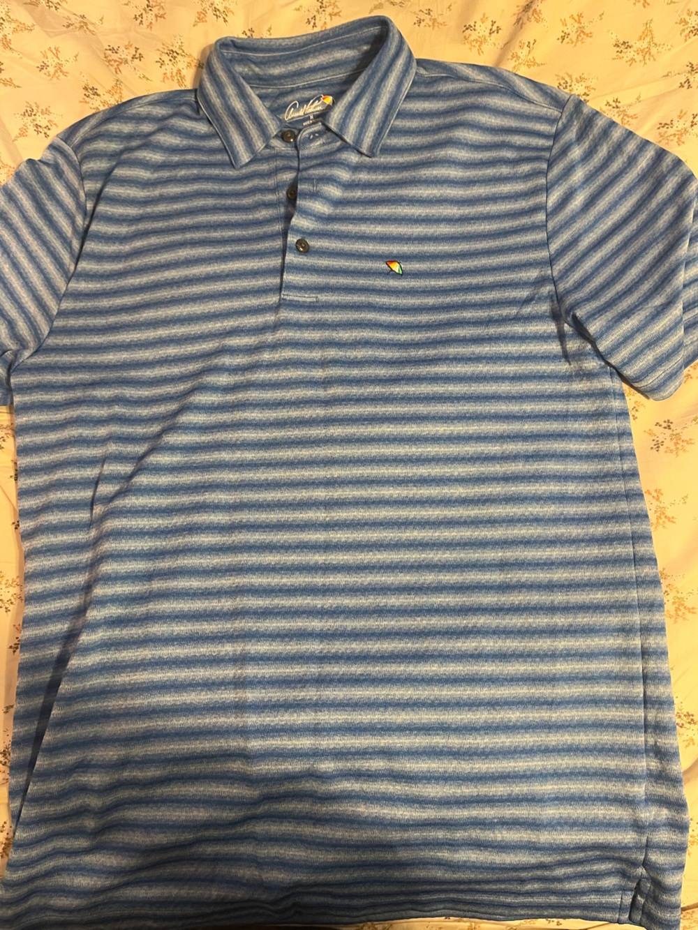 blue and white striped polo